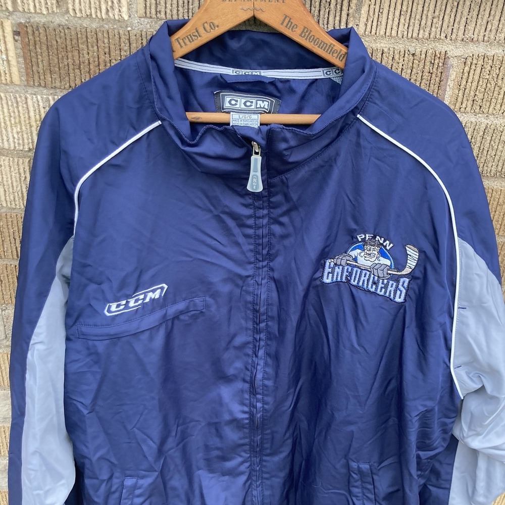 CCM Mens Large Hockey Windbreaker Jacket Penn Enforcers Player Issue Navy Vented